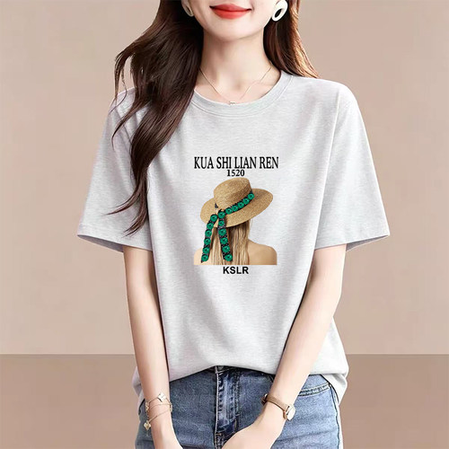 纯棉圆领短袖t恤女夏季新款减龄百搭大码宽松显瘦白灰色半袖上衣