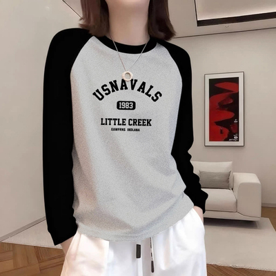 春秋新款纯棉撞色圆领长袖t恤女士小众时尚百搭大码宽松插肩上衣