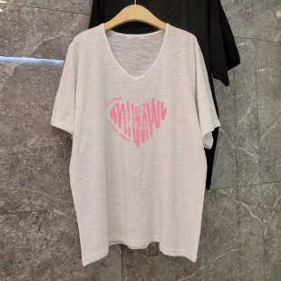 纯棉女装 2026夏季 t恤小众洋气休闲印花大码 竹节棉v领短袖 上衣 新款