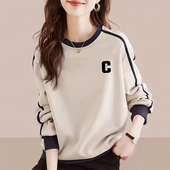 韩版 宽松显瘦上衣 拼色女士2025年春秋卫衣加绒加厚小众圆领大码