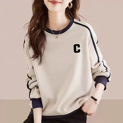 韩版拼色女士2025年春秋卫衣加绒加厚小众圆领大码宽松显瘦上衣