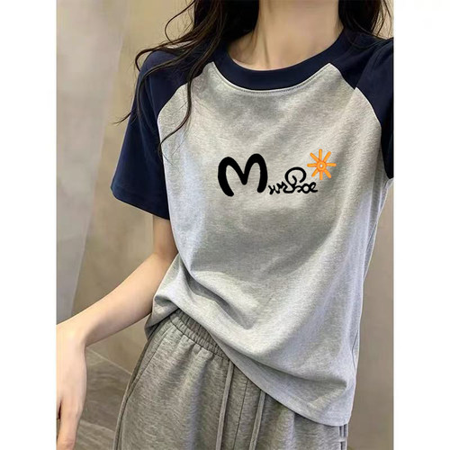大码胖mm插肩纯棉圆领短袖t恤女夏季新款减龄百搭宽松打底衫上衣