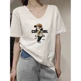 t恤夏季 纯棉女装 新款 百搭印花大码 上衣 小众时尚 白色竹节棉v领短袖