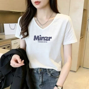 新款 t恤2026夏季 时尚 百搭印花大码 上衣 韩版 纯棉女装 竹节棉v领短袖