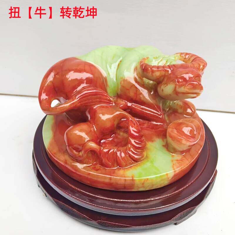 天然岫玉玉石扭转乾坤摆件牛转乾坤生肖牛家居客厅办公室招财镇宅
