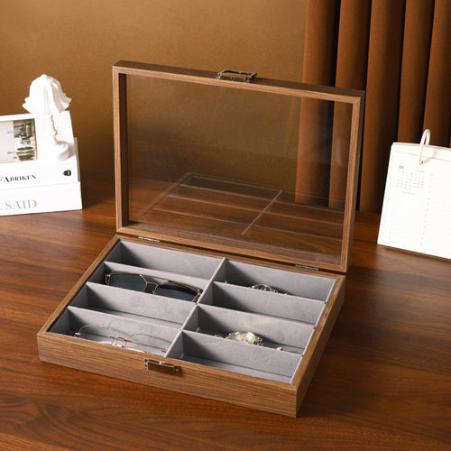 八位黑胡桃木纹眼镜收纳收藏展示盒家用高档多格墨镜太阳镜收纳盒