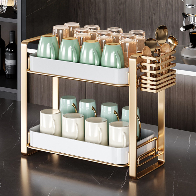 厨房收纳落地置物架放茶杯架家用沥水双层托盘架子桌面装玻璃杯架