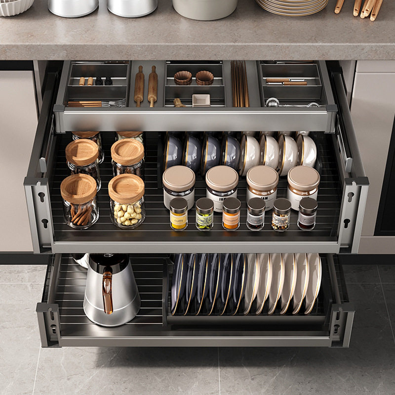 枪灰拉篮厨房橱柜铝合金抽中抽屉式碗碟篮厨柜收纳架碗篮碗架