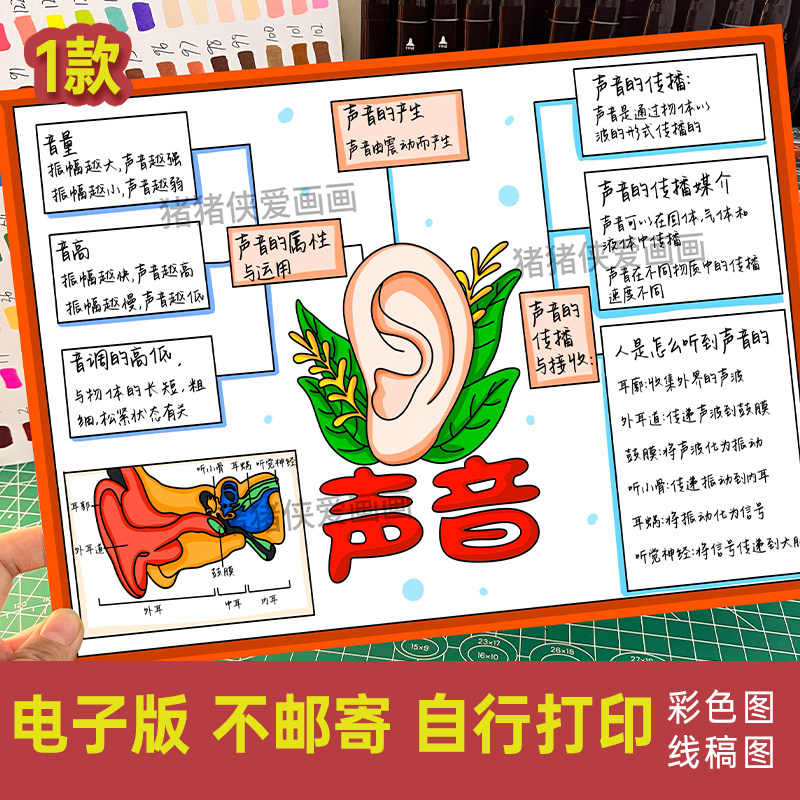小学四年级科学上册声音思维导图手抄报电子模版线稿涂色素材246