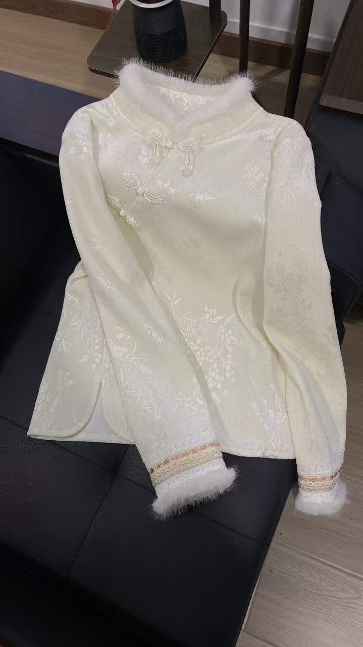 新中式国风打底衫女冬加绒加厚改良旗袍上衣斜襟盘扣内搭t恤长袖