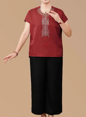 夏季圆领刺绣短袖上衣裤子两件套女宽松显瘦母亲节减龄妈妈套装