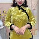 打底衫 复古减龄新中式 女 印花加绒加厚旗袍领上衣女中年妈妈装 大码