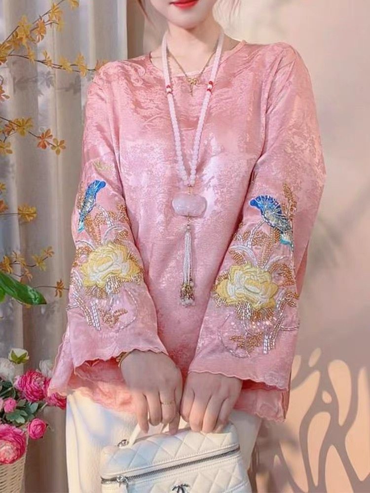 新中式国风刺绣花朵复古粉色小衫2026春季衬衫长袖立领袖扣上衣女