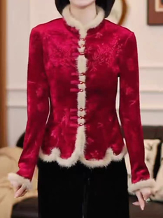 新中式国风洋气显瘦毛毛拼接丝绒打底衫妈妈提花大码加绒上衣女冬