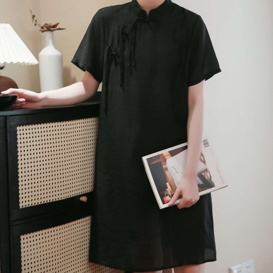 2025夏装新中式复古立领黑色短袖连衣裙女气质优雅斜襟宽松旗袍裙