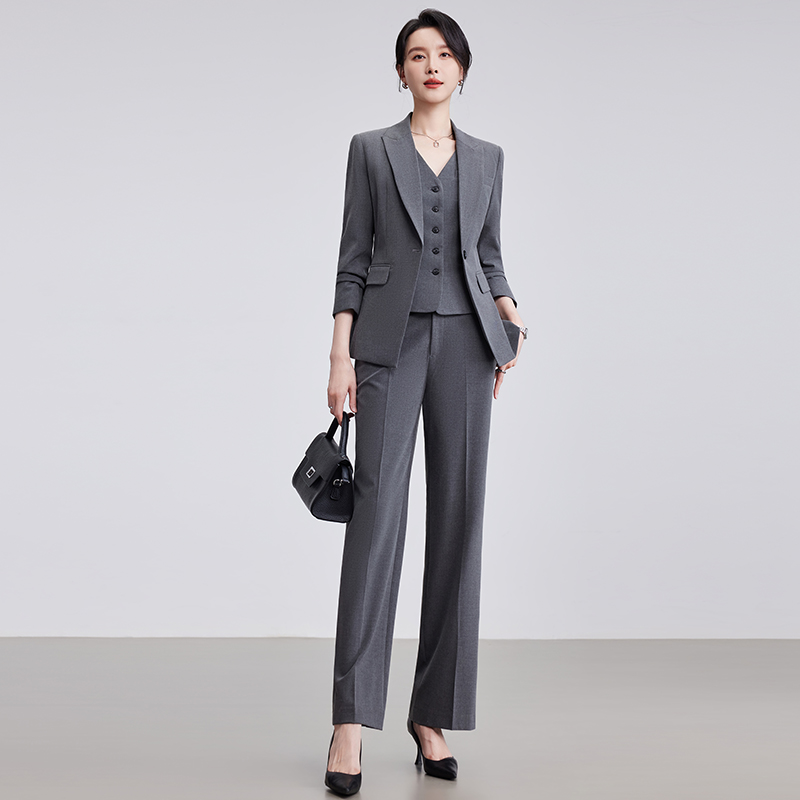 诗璐雅高级感灰色职业西装套装女西服马甲三件套正装售楼部工作服