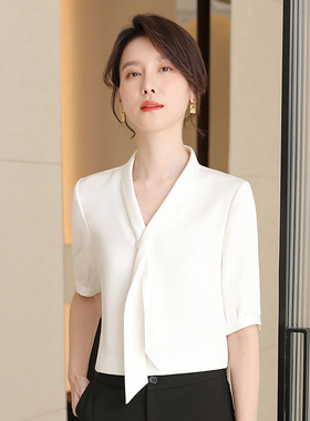 诗璐雅高级感白色衬衫女短袖夏季飘带设计感职业衬衣气质女神范薄