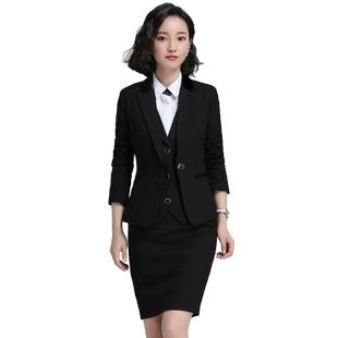 诗璐雅职业装女士气质长袖面试西装套装三件套马甲套裙正装工作服
