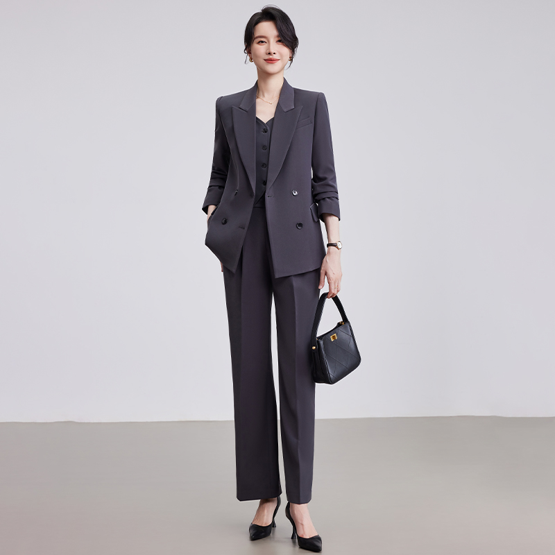 诗璐雅职业西装马甲套装女士灰色高级感气质西服外套阔腿裤三件套