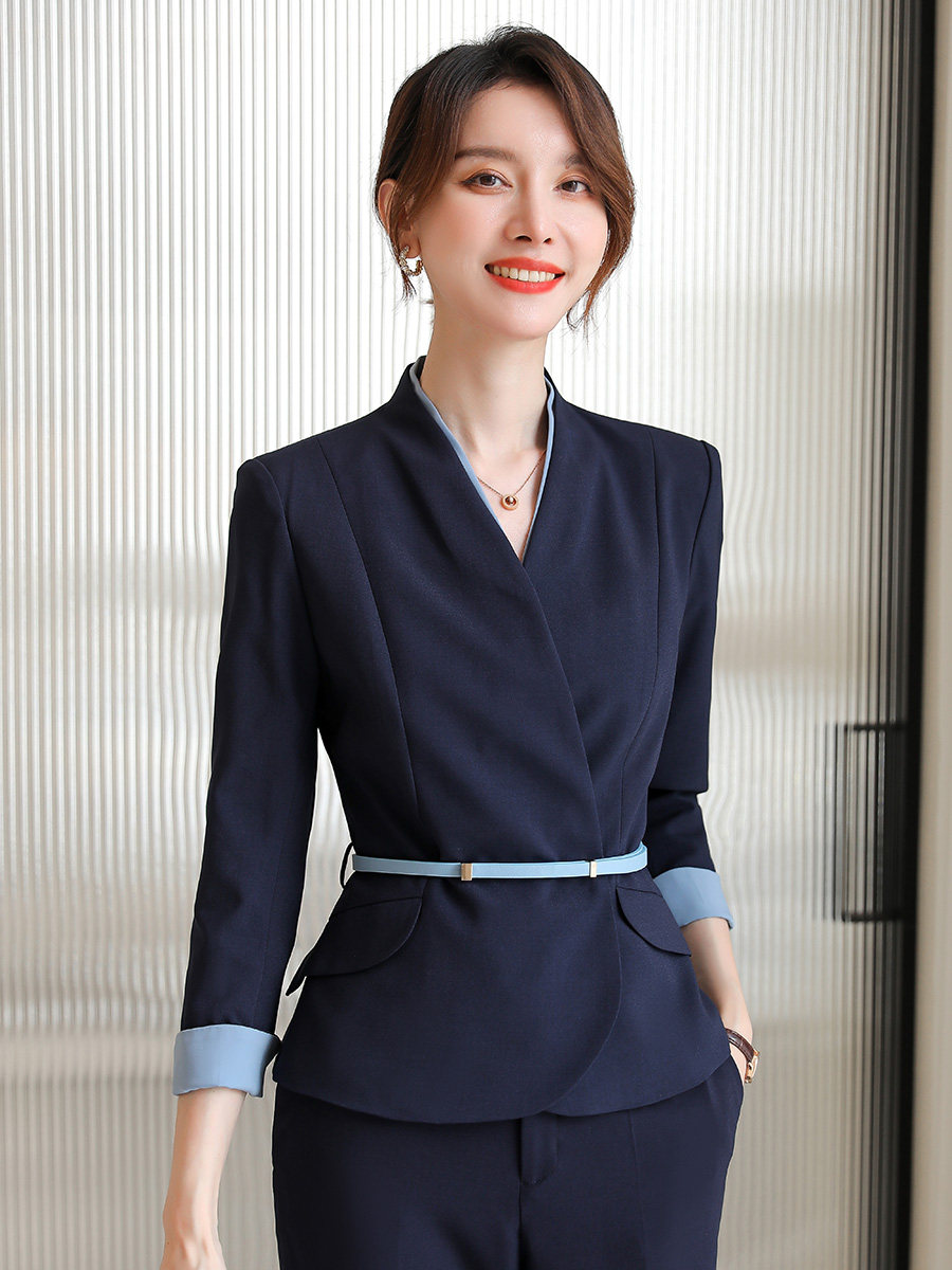 诗璐雅2026年春秋季通勤职业装空姐范修身藏青色小西装外套女长袖