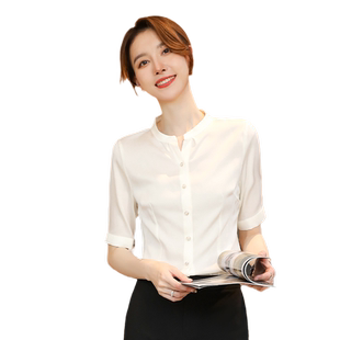 诗璐雅立领雪纺白色衬衫女士春夏新款工作服薄款职业正装气质衬衣