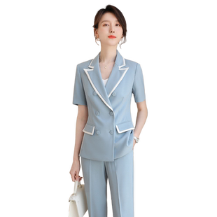 诗璐雅职业西装套装女士夏季短袖上衣时尚洋气工装西服裤套工作服