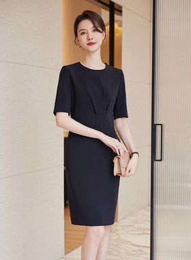 诗璐雅黑色连衣裙女2026夏新款气质修身圆领中长款时尚通勤职业裙