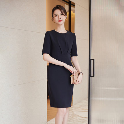诗璐雅黑色连衣裙女2026夏新款气质修身圆领中长款时尚通勤职业裙