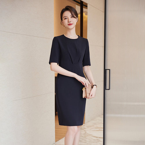 诗璐雅黑色职业连衣裙女夏季高端