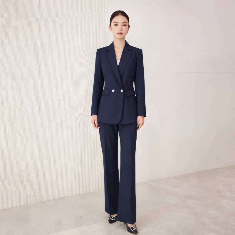 诗璐雅藏青色双排扣西装套装女士气质通勤职业装垂感阔腿裤两件套