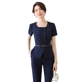 诗璐雅小个子职业套装女时尚荷叶边西服修身高端酒店前台工作服夏