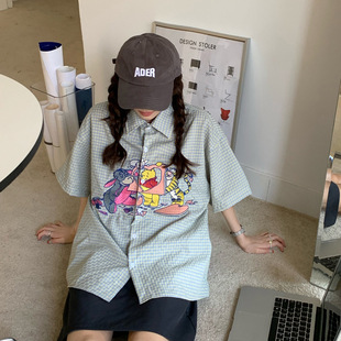 格子卡通刺绣短袖衬衫女2026年夏季新款宽松bf复古开衫潮