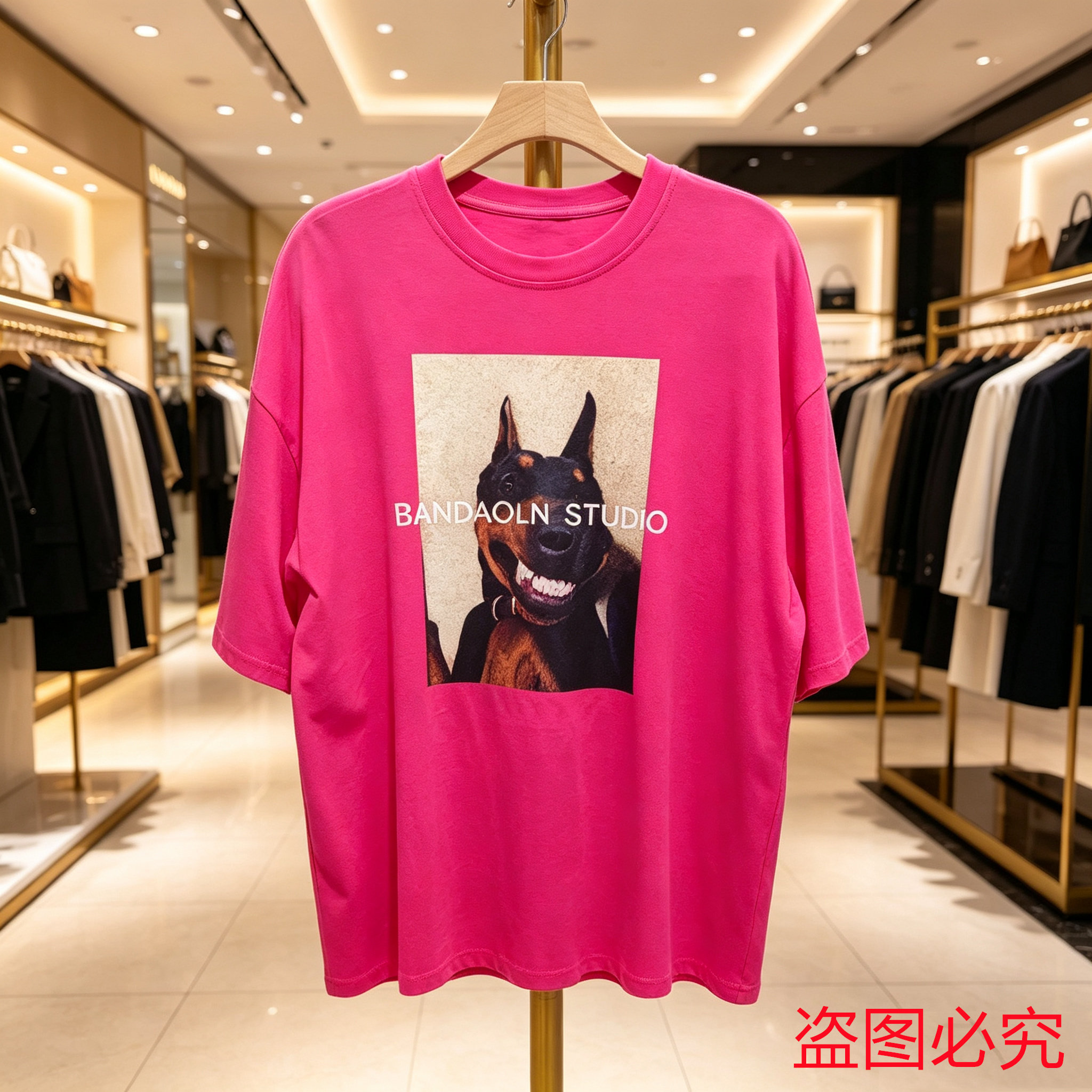 美式复古杜宾犬印花玫红短袖T恤