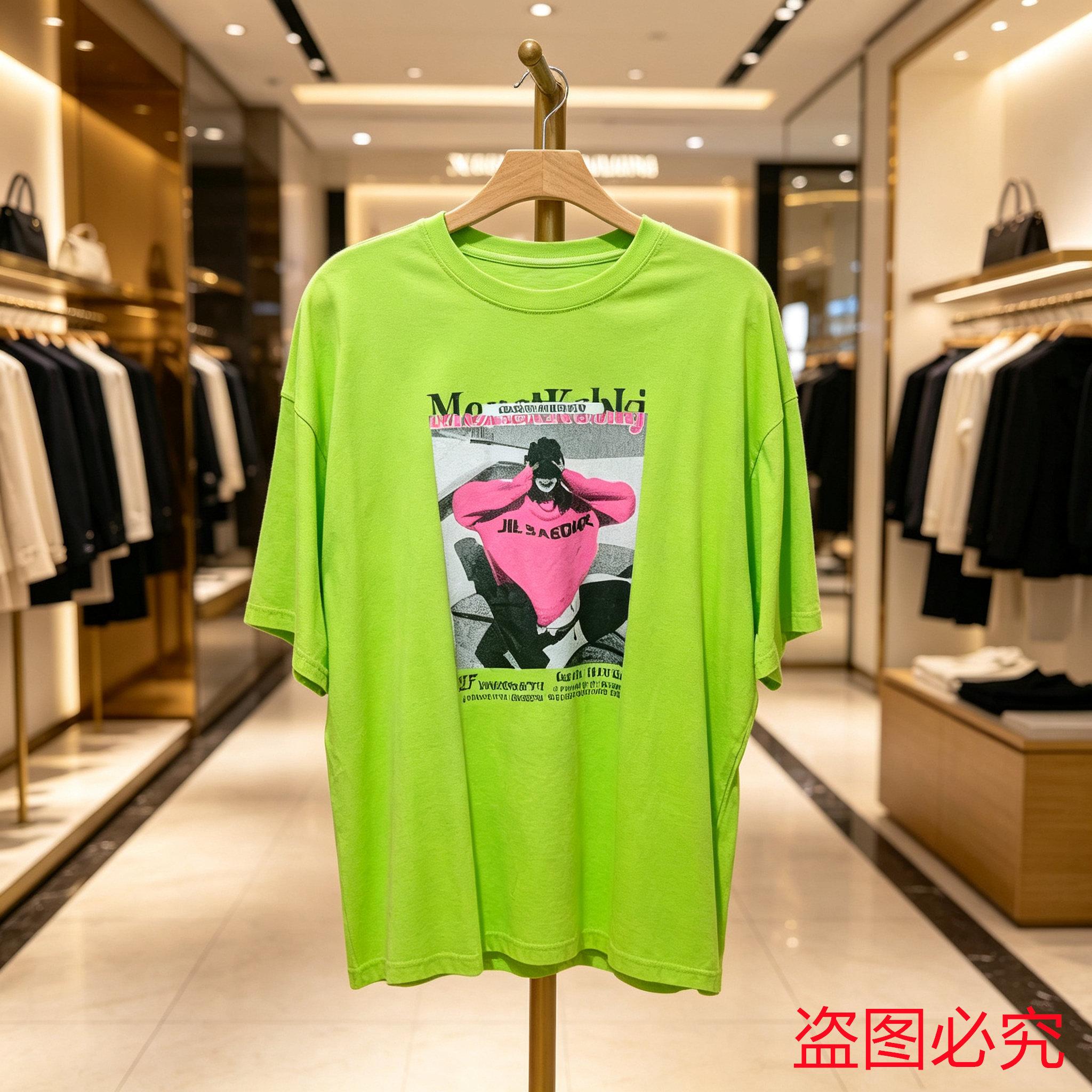 美式复古高街风人像印花荧光绿纯棉宽松短袖T恤高街风