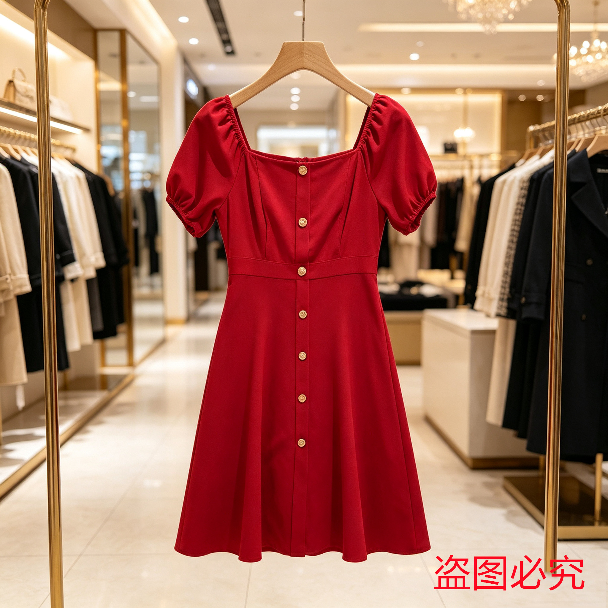复古排扣连衣裙泡泡袖收腰显瘦