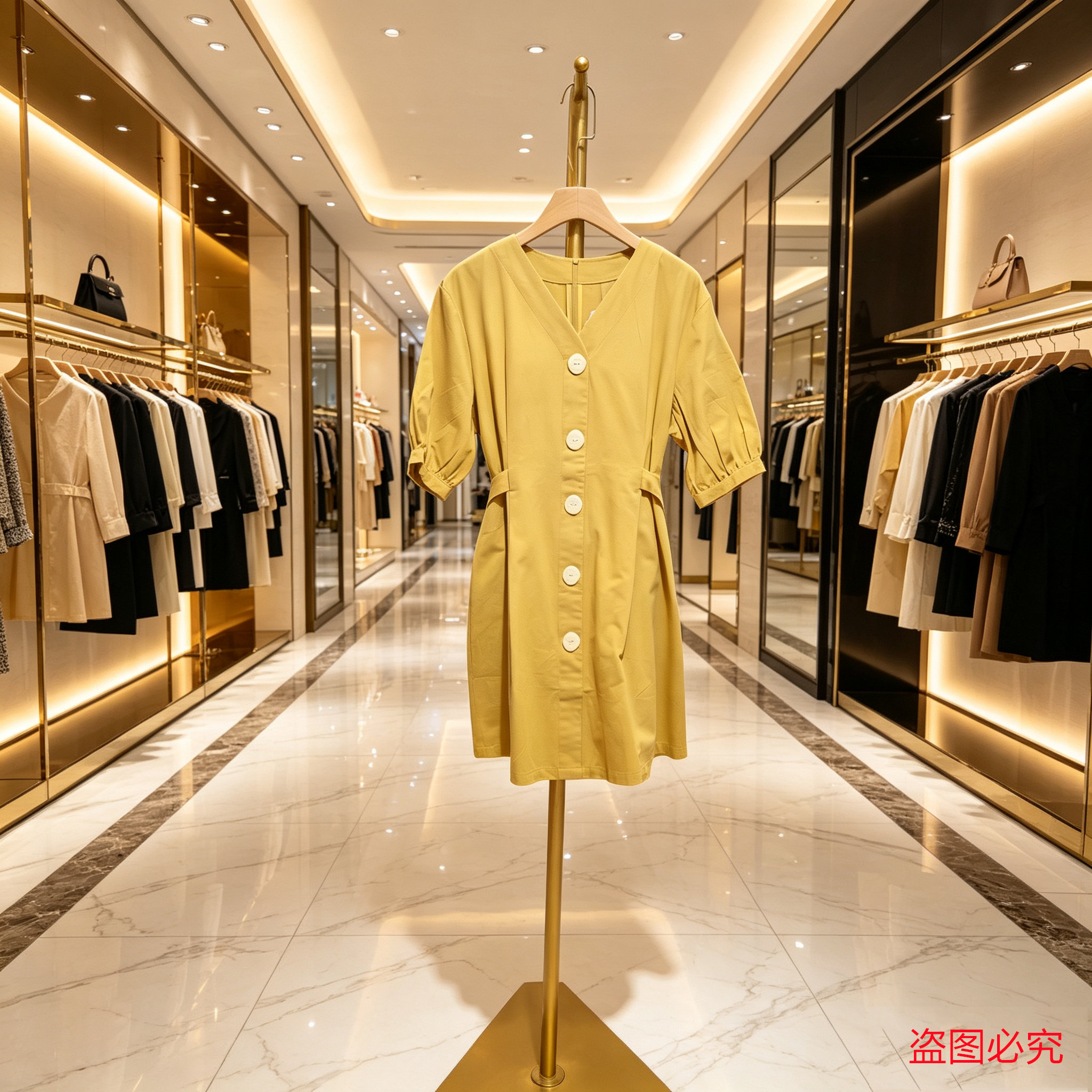  韩系V领绑带棉连衣裙通勤显白
