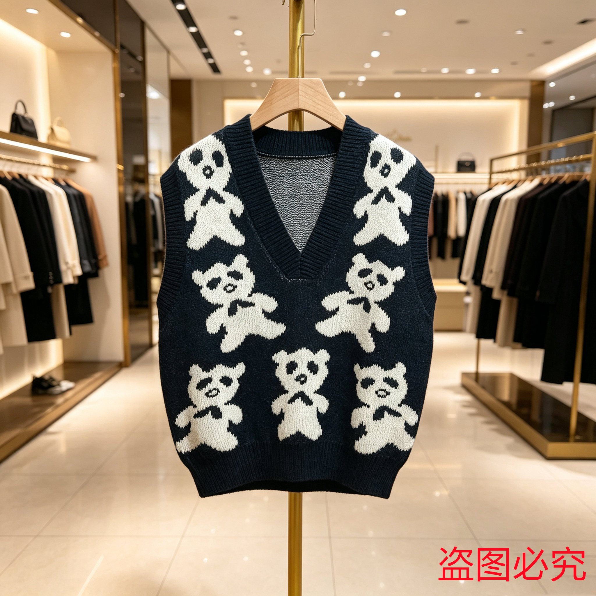 黑色小熊提花针织马甲女V领叠穿宽松无袖毛衣背心春秋款
