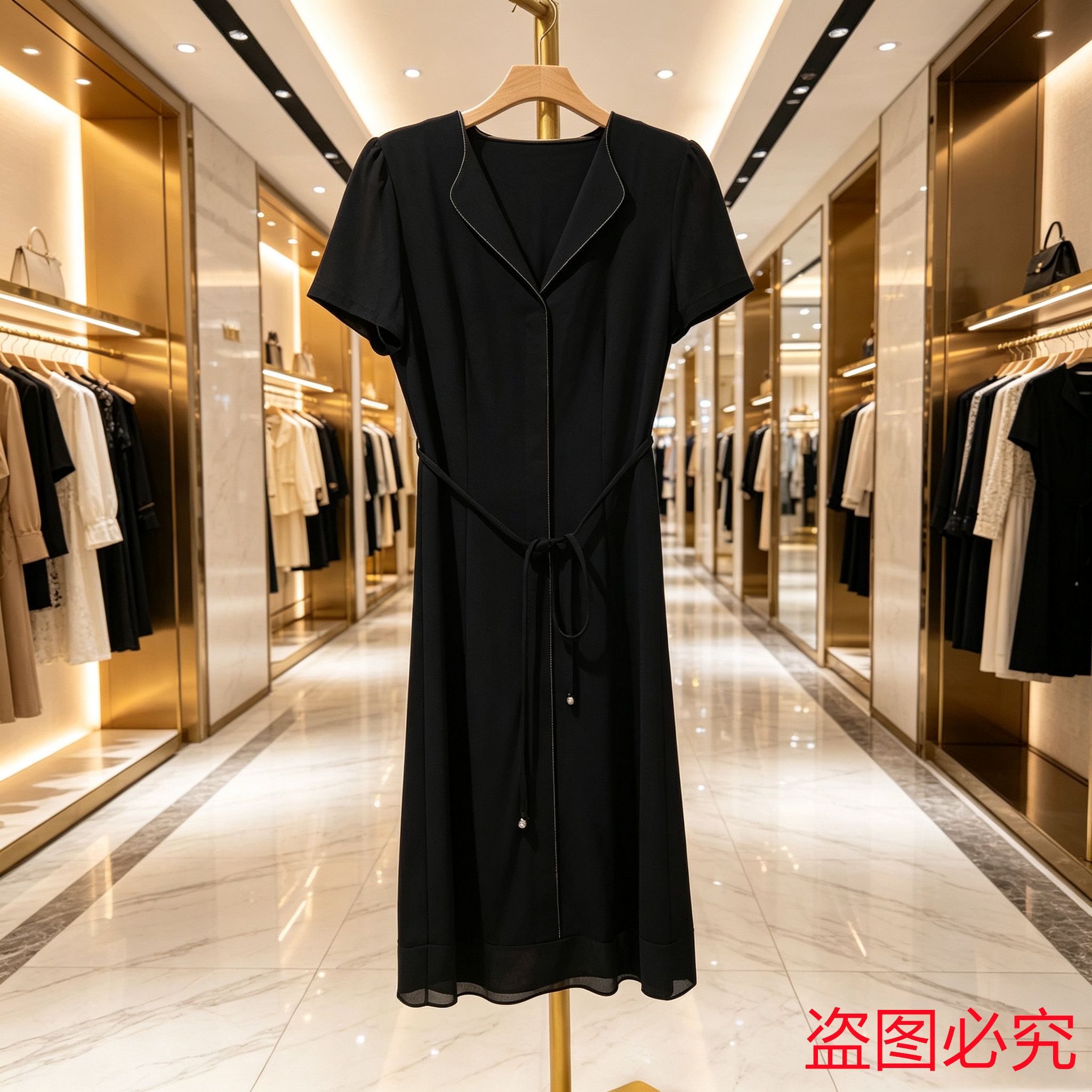 西装领镶钻雪纺连衣裙女夏季系带收腰显瘦中年妈妈黑色短袖中长裙