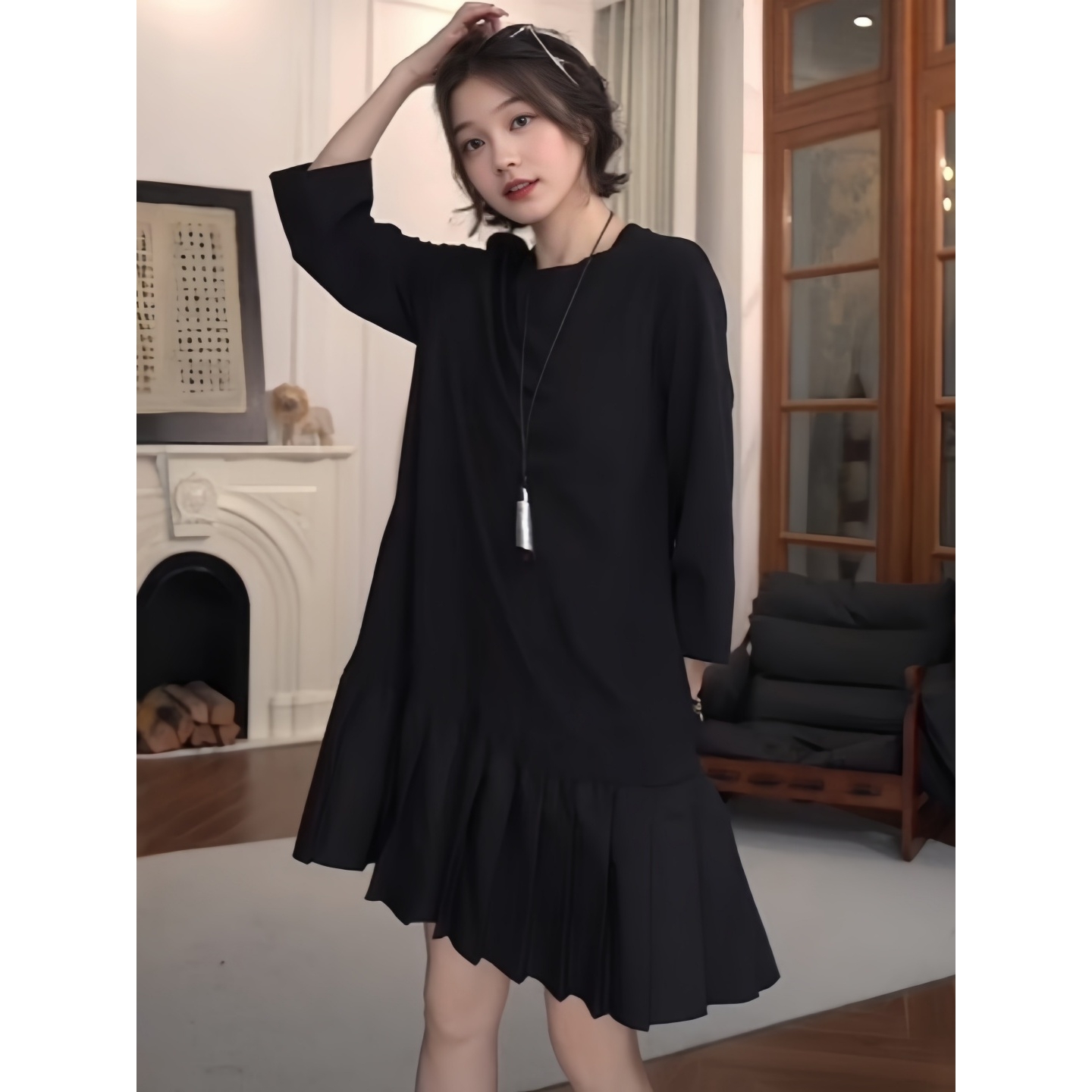 时尚休闲拼接百褶时尚连衣裙女2025秋季新款大码胖MM气质显瘦裙子