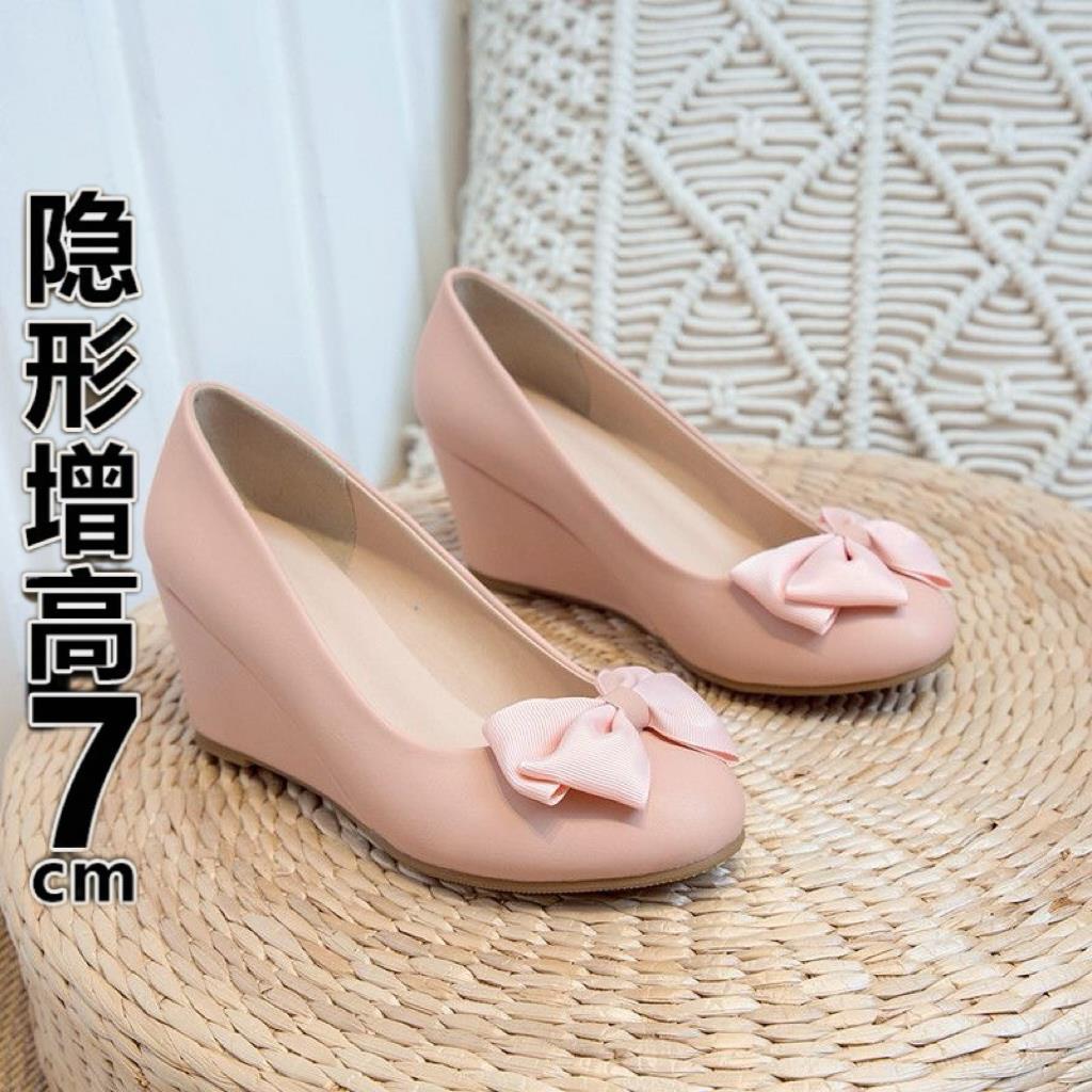 韩版小香风轻便坡跟单鞋蝴蝶结女休闲百搭工作鞋女一脚蹬懒人鞋