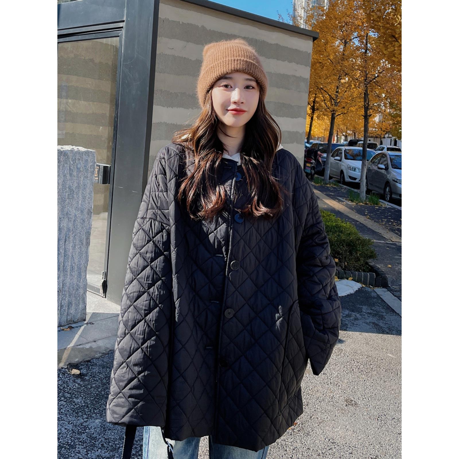 军绿色菱形格羽绒棉服女2025冬季新款设计感宽松休闲保暖棉衣外套