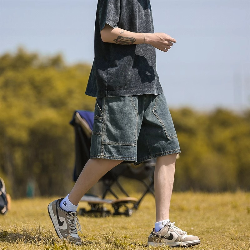 铆钉伐木工装牛仔短裤男士夏季薄款潮牌裤子宽松美式男生五分中裤