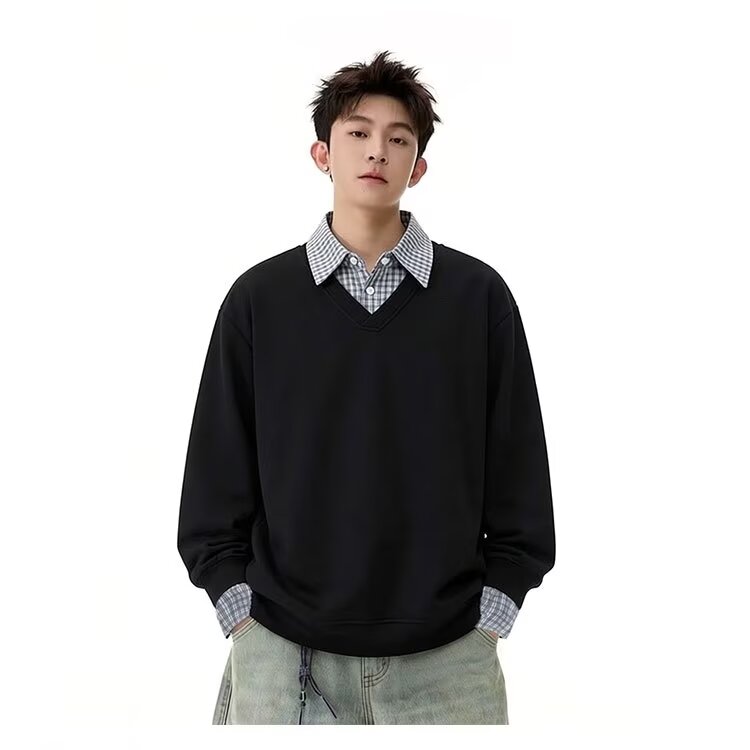 美式假两件衬衫领卫衣男款春秋撞色拼接长袖polo衫痞帅青少年外套