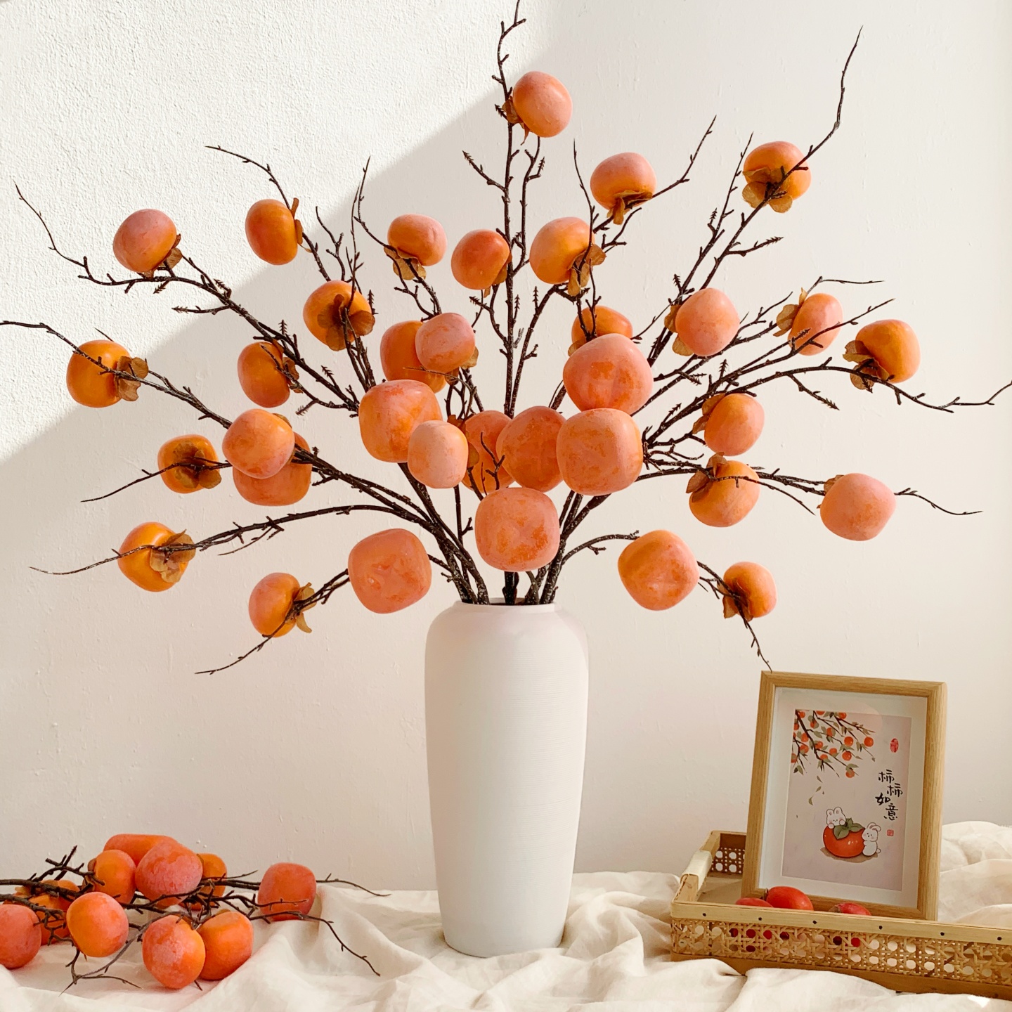 仿真柿子果实树枝柿柿如意插花摆件高档乔迁花束客厅装饰干花摆设