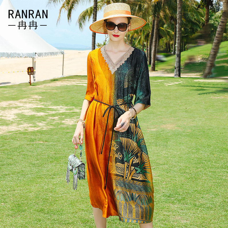 冉冉夏季真丝撞色连衣裙女2022新款民族风时尚桑蚕丝印花短袖长裙