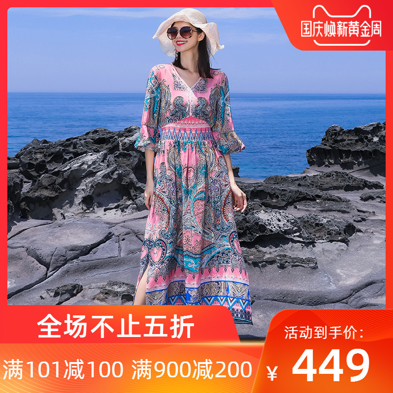 11-30新券杭州双绉重磅民族风印花真丝连衣裙大牌100%桑蚕丝a字裙2019新款
