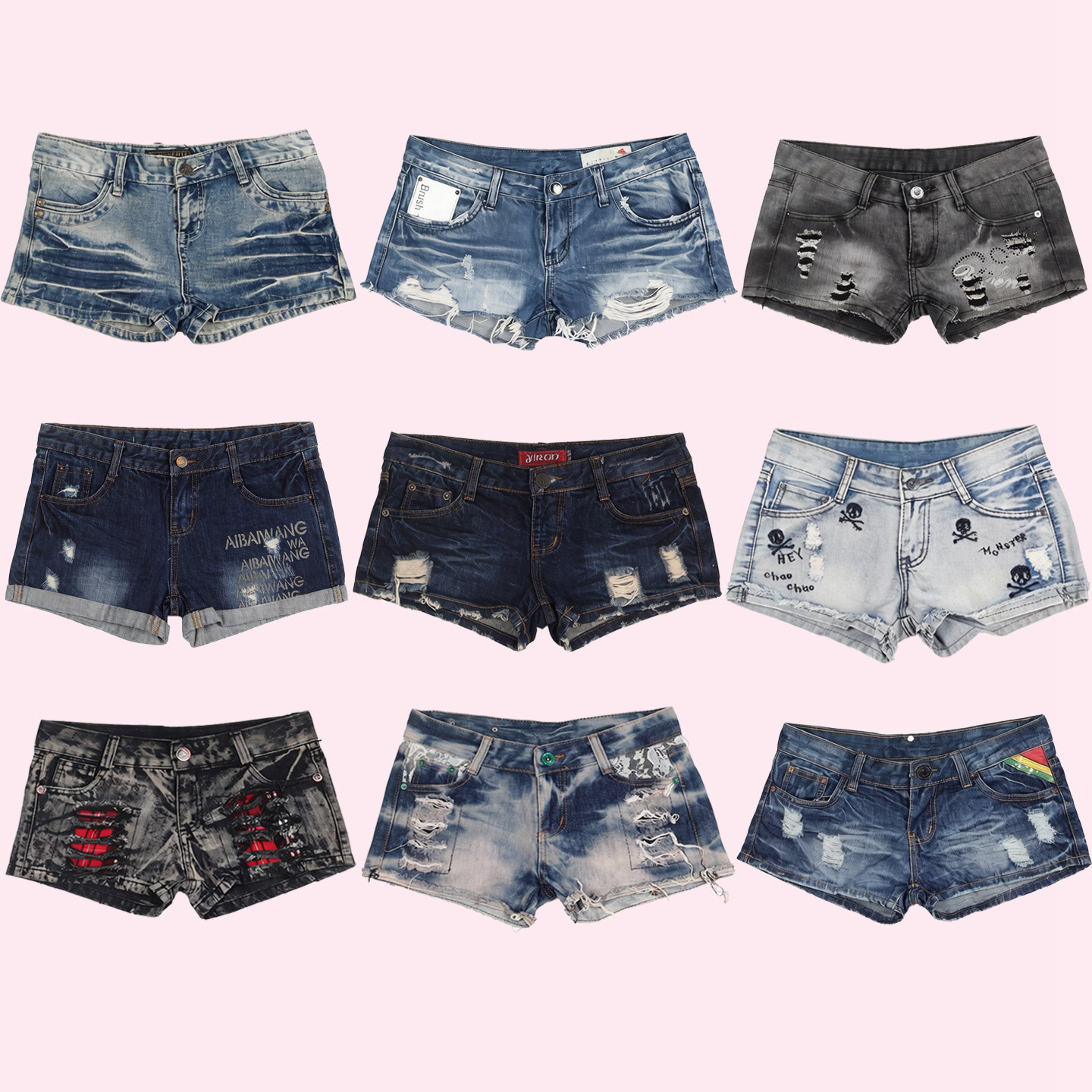 US古着vintage嘻哈风低腰牛仔短裤女学生破洞骷髅百搭复古辣妹裤