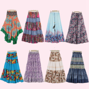 UG古着vintage波西米亚风印花半身裙女A字蛋糕裙复古港风拼接长裙
