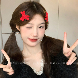 保持愤怒!生气水滴搞怪发夹红色钩织毛线侧边夹甜美可爱头饰发饰