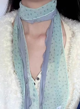 抹茶之森薄荷绿色丝巾春夏薄款氛围感高级韩系围巾细长条脖子配饰